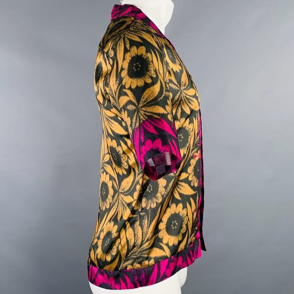 DRIES VAN NOTEN Size XS Beige Fuchsia Pink Floral One Pocket Short Sleeve Shirt - Picture 2 of 4